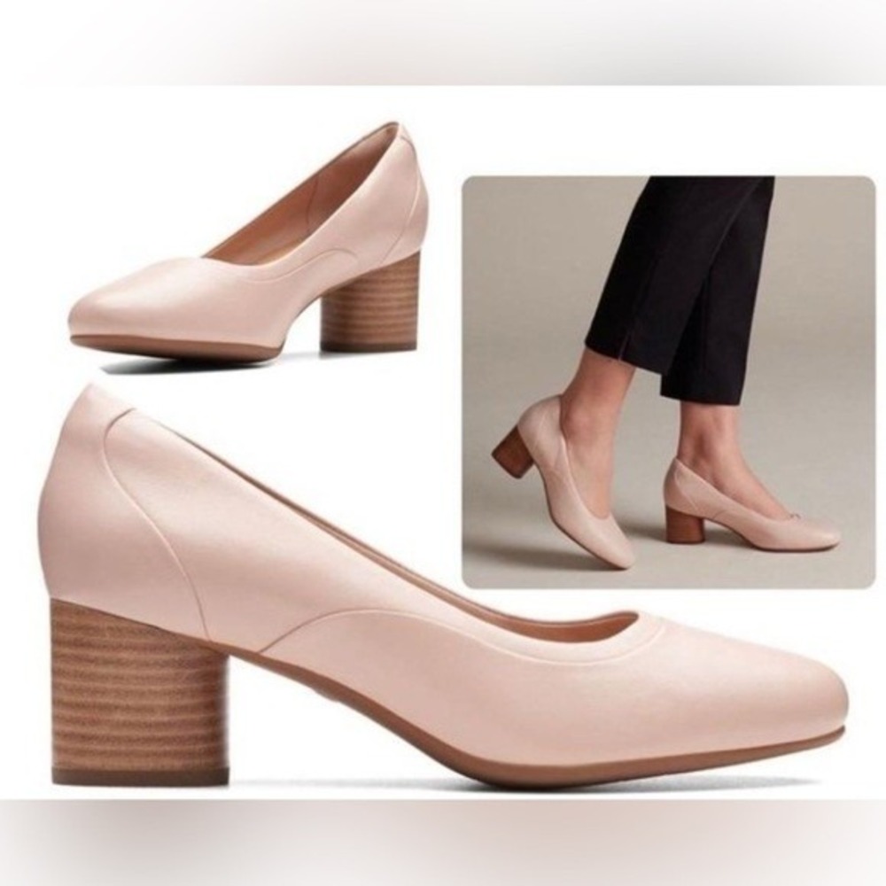 Clarks Un Cosmo Step Blush Leather Block Heel Pumps Nude 40965 NEW Size 6 M